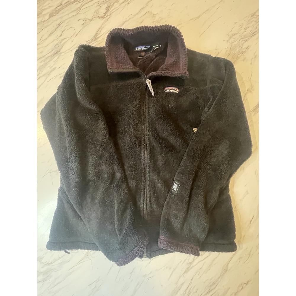 Patagonia Women Jacket Black Full Zip Fuzzy Soft Medium Made In USA Big Pockets
